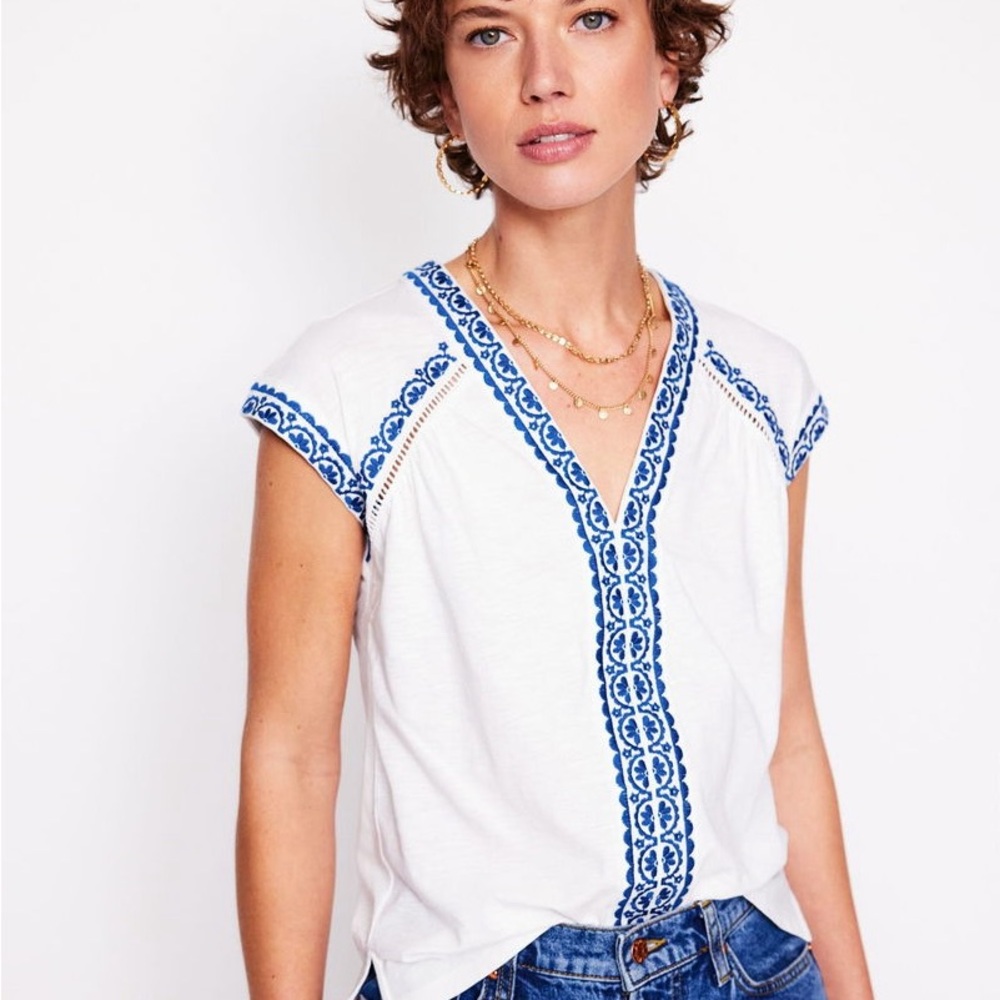 Boden  Hazel Cotton Embroidered Top
White and blue - Picture 2 of 11